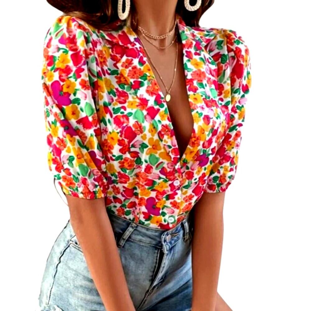 Shein Women's Small VCay Allover Floral Print Puff Short Sleeve V-Neck Top